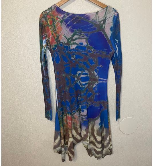 Tee's by Viviana G Y2K Boho Mesh Long Sleeve Handkerchief Hem Blue Printed Top M - Picture 2 of 11